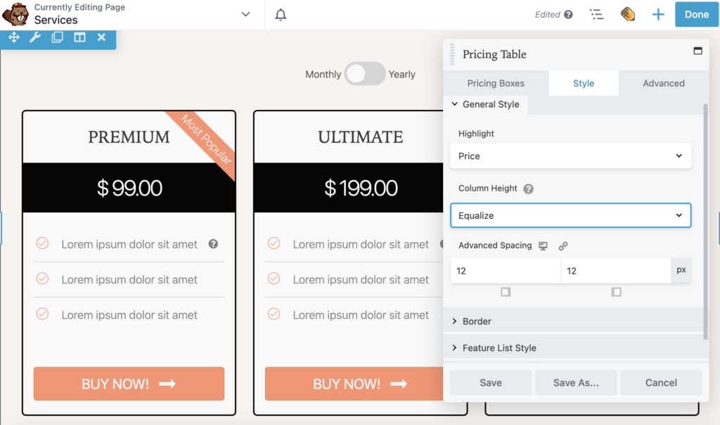 Altura de la columna del conjunto de módulos de la tabla de precios de Beaver Builder