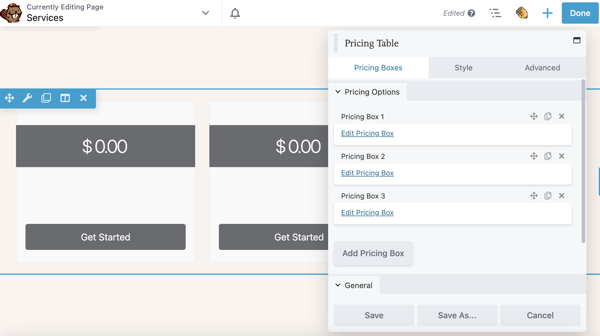 O módulo Beaver Builder Pricing Table cria caixas de preços