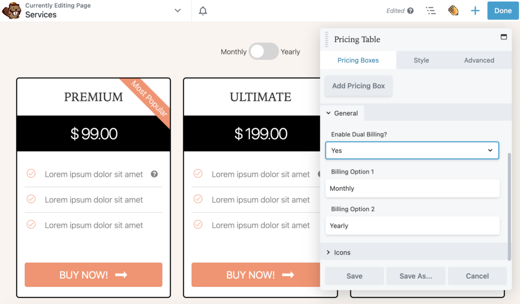 O módulo Beaver Builder Pricing Table permite faturamento duplo