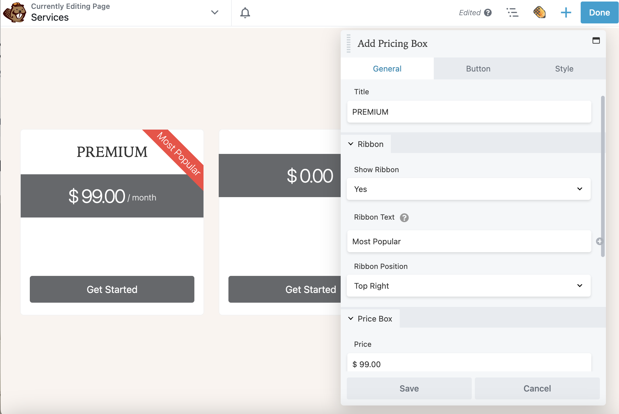 Modul Beaver Builder Pricing Table menambahkan pengaturan umum kotak harga