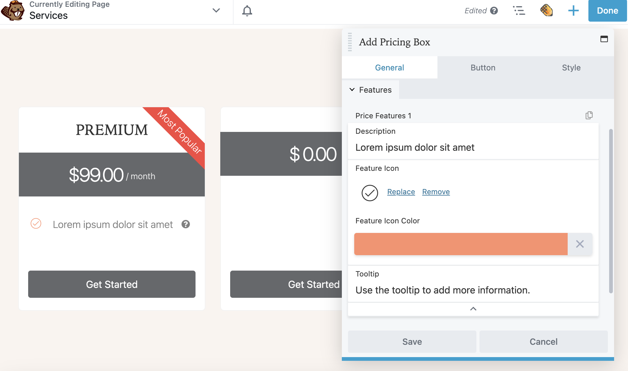 Caractéristiques des prix des modules du tableau de tarification de Beaver Builder