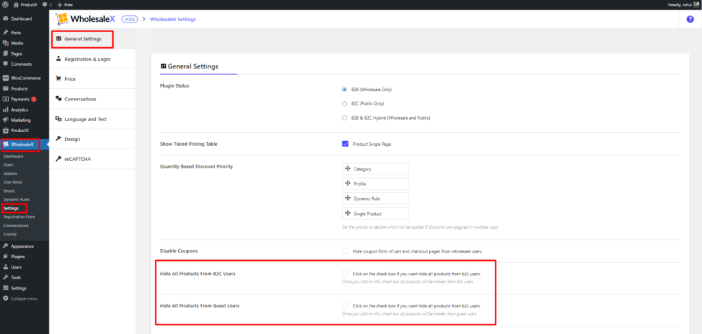 Product Visibility Settings in WholesaleX General Settings