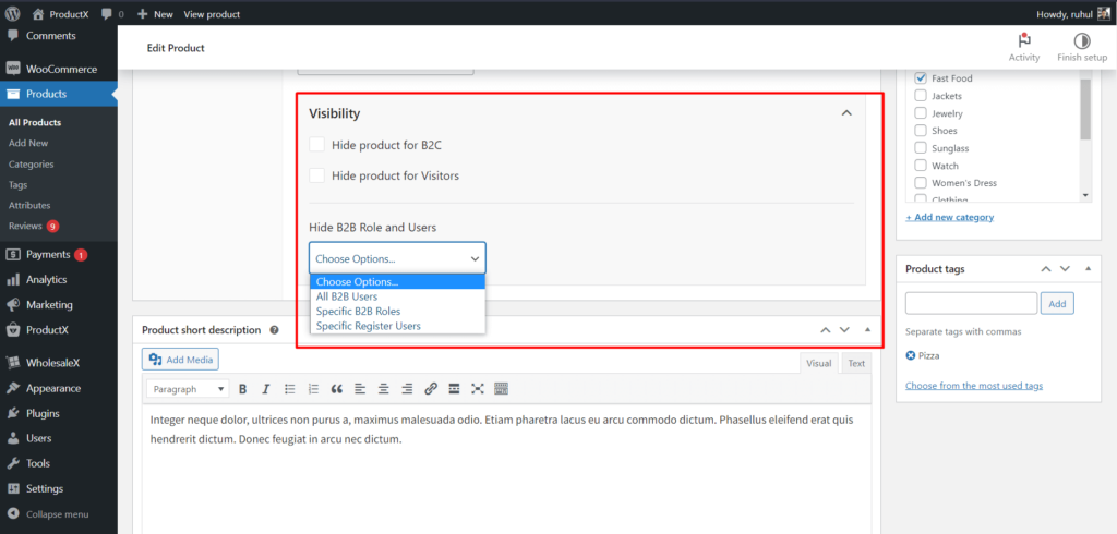 WholesaleX Visibility Settings for Product Page