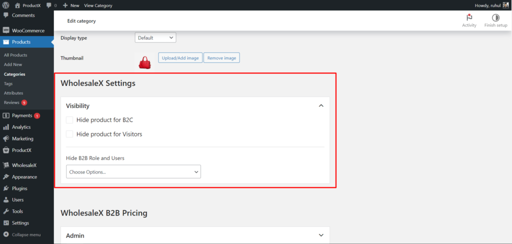 WholesaleX Product Visibility Settings in Category Editing Page