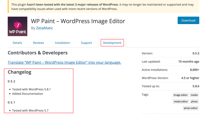 Controllo della pagina di sviluppo del plugin