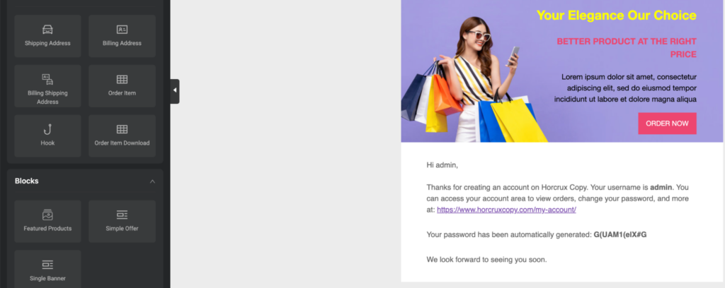 adicionando blocos em e-mails personalizados de woocommerce