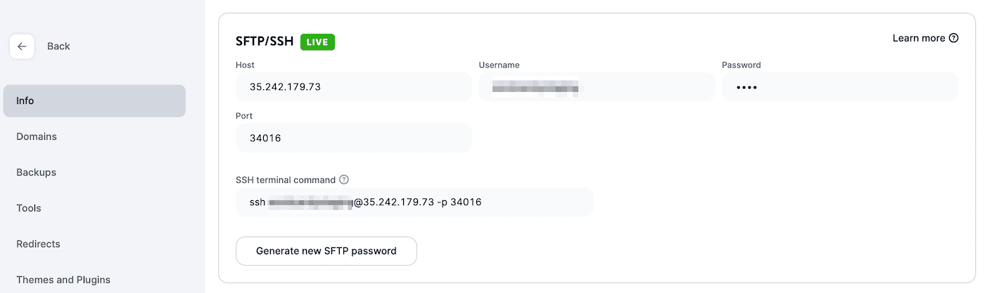 ข้อมูลรับรองการเข้าสู่ระบบ MyKinsta SFTP