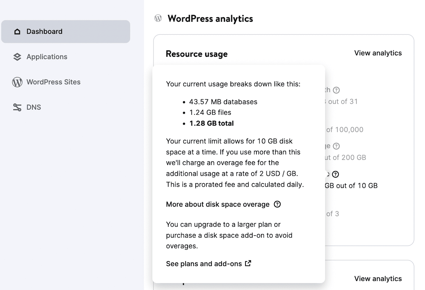 Répartition de l'utilisation des ressources Kinsta