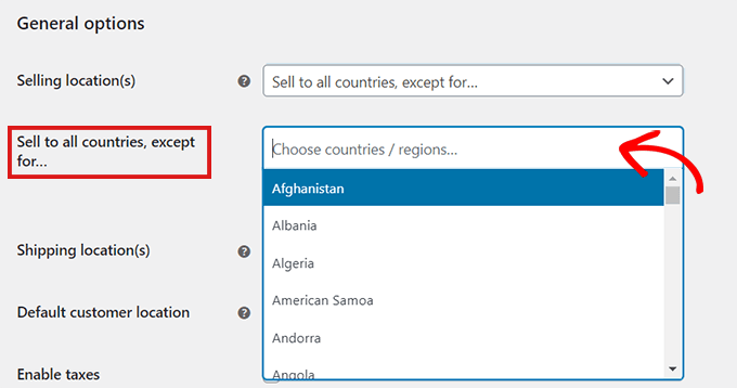 Selecione os países onde você não deseja vender seu produto