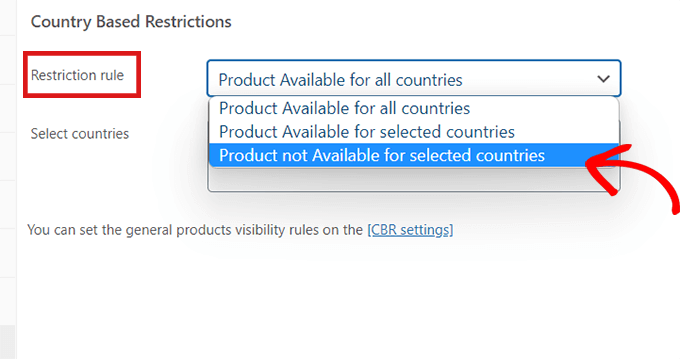 Wählen Sie die Option Produkt für ausgewählte Länder nicht verfügbar