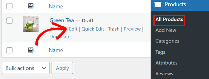 Przejdź do produktów WooCommerce i wybierz opcję Edytuj
