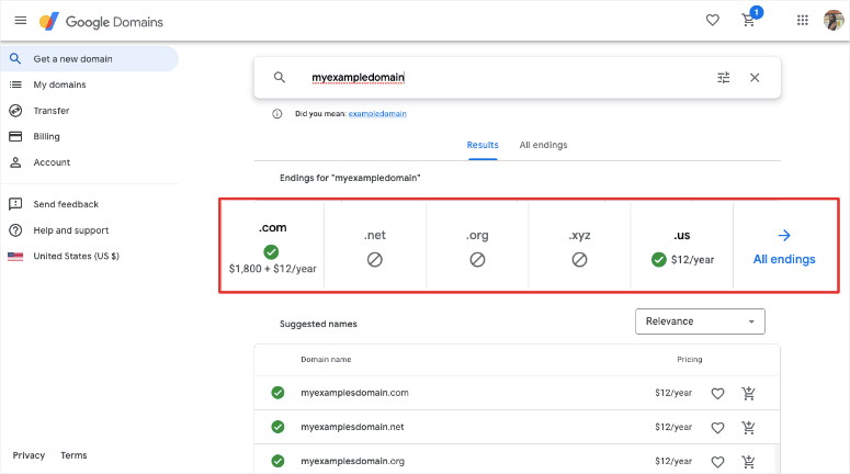 domain endings in google