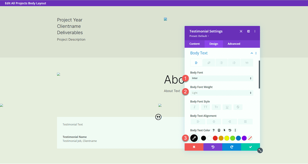 Divi Passendes Portfolio und Projekte Body Font Testimonial