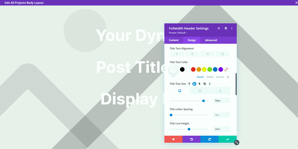 Divi Matching Portfolio i Projects Header Rozmiar tekstu tytułu