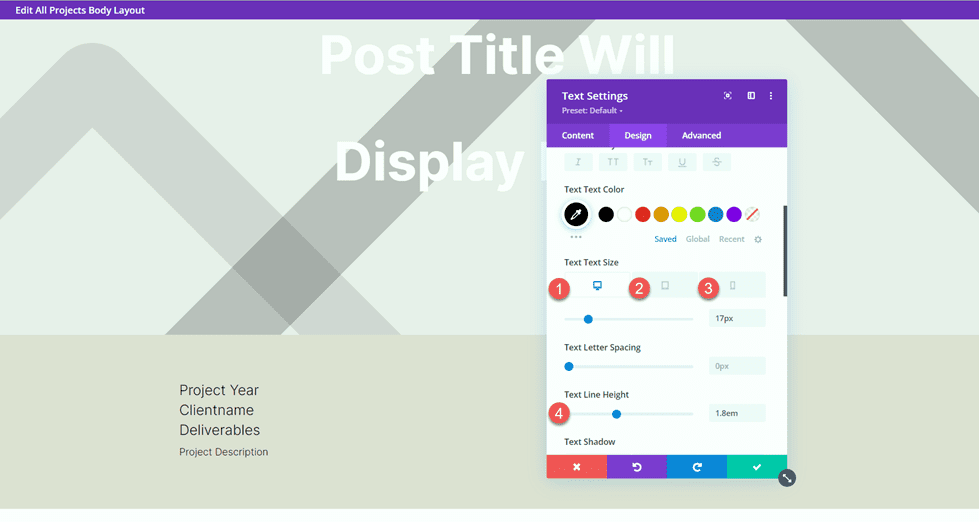 Divi Matching Portfolio i Projects Rozmiar tekstu