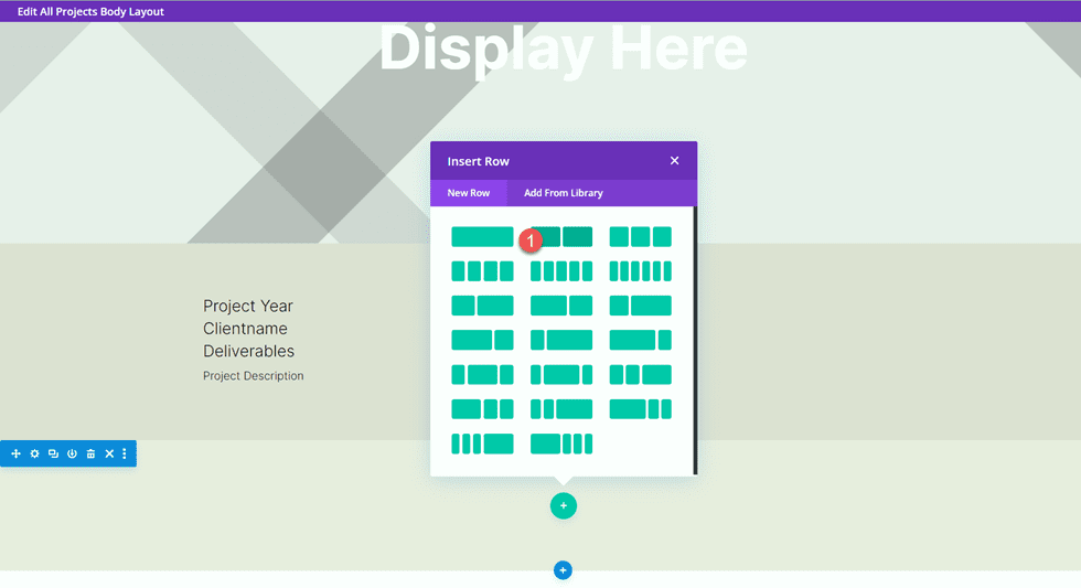 Divi Potrivirea portofoliului și proiectelor Insert Row Layout