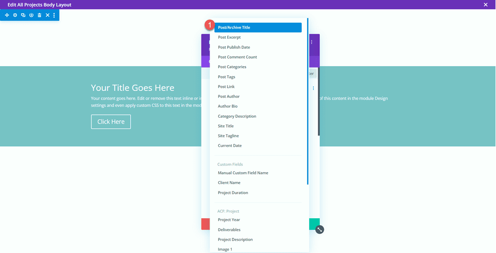 Divi Potrivirea portofoliului și proiectelor Select-Dynamic-Content