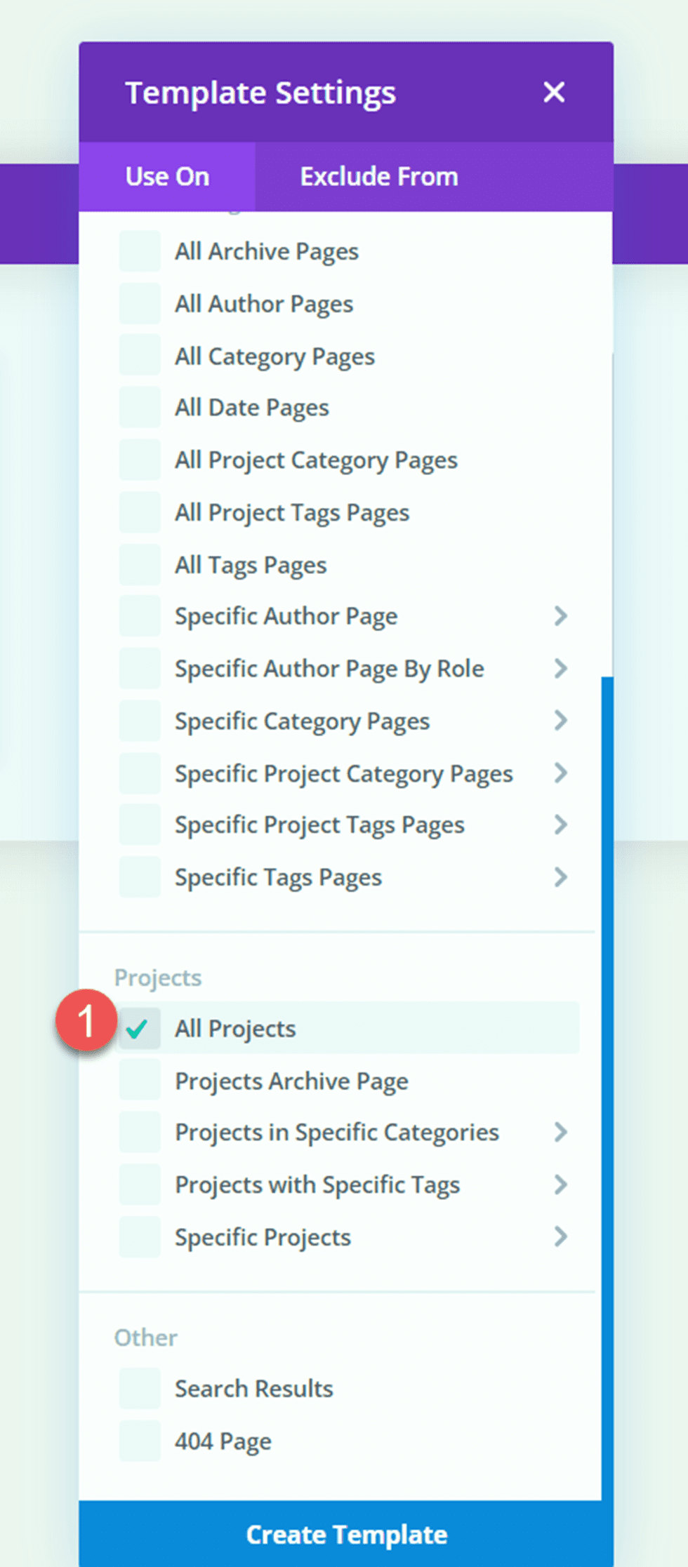 Portfólio de correspondência Divi e configurações de modelo de projetos