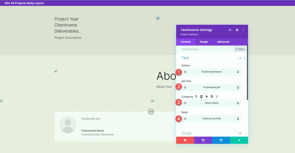 Portfólio Divi Matching e conteúdo de depoimento de projetos