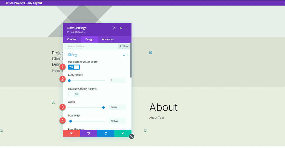 Portfólio de Correspondência Divi e Configurações de Linha de Projetos