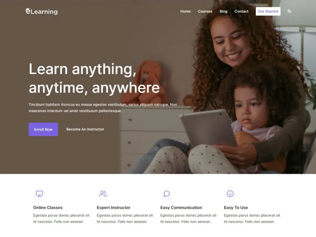 eLearning est un thème WordPress LMS gratuit propulsé par Masteriyo LMS