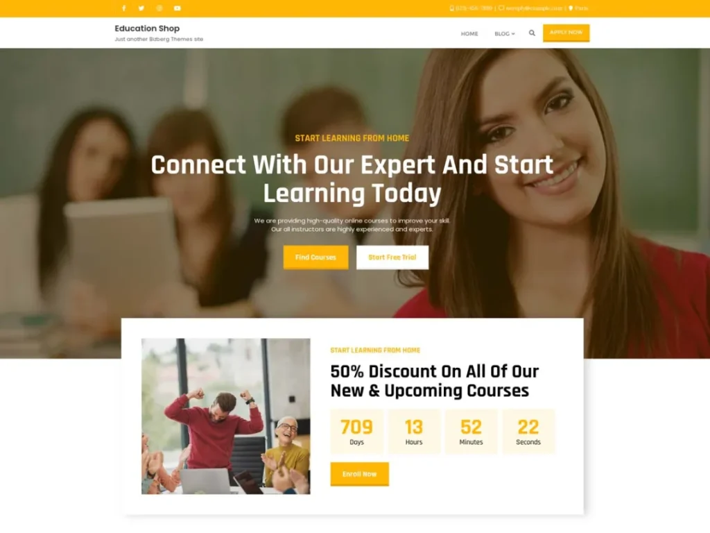 Education Shop es un tema gratuito de eLearning o LMS de WordPress