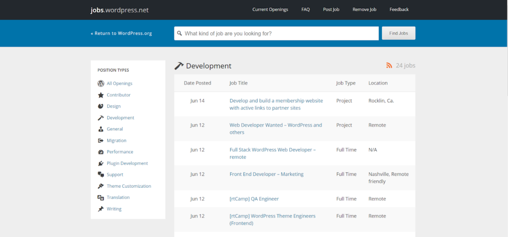 La página de inicio de trabajos de WordPress