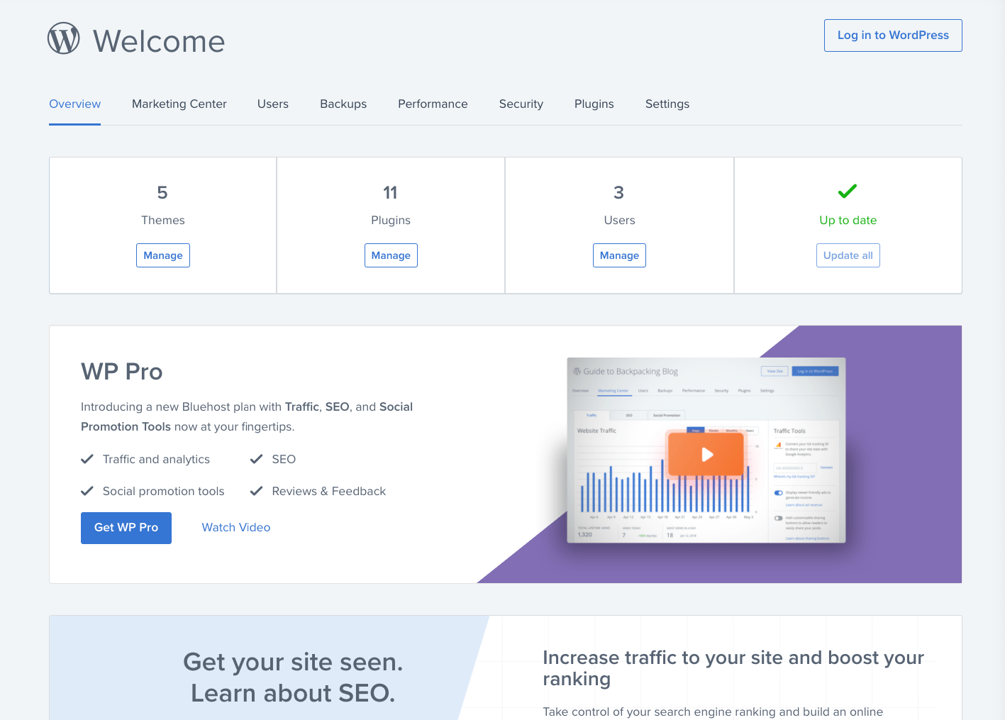 Painel WordPress de hospedagem Bluehost