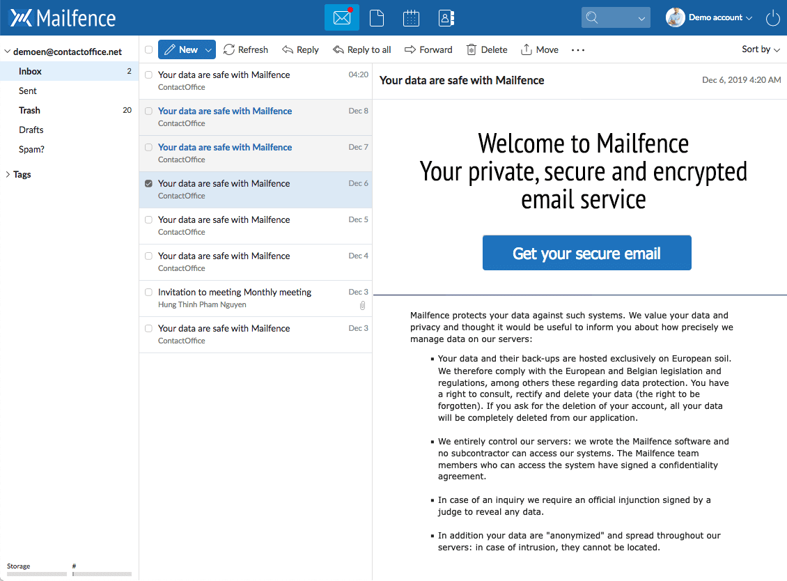 Интерфейс Mailfence