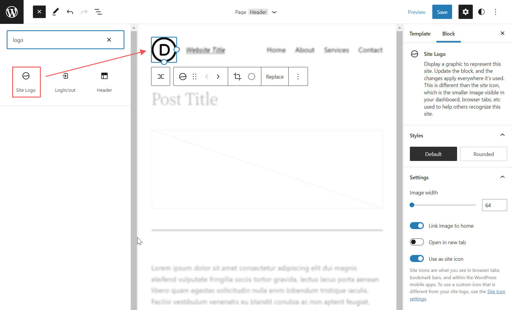 Pratinjau blok logo situs Wordpress
