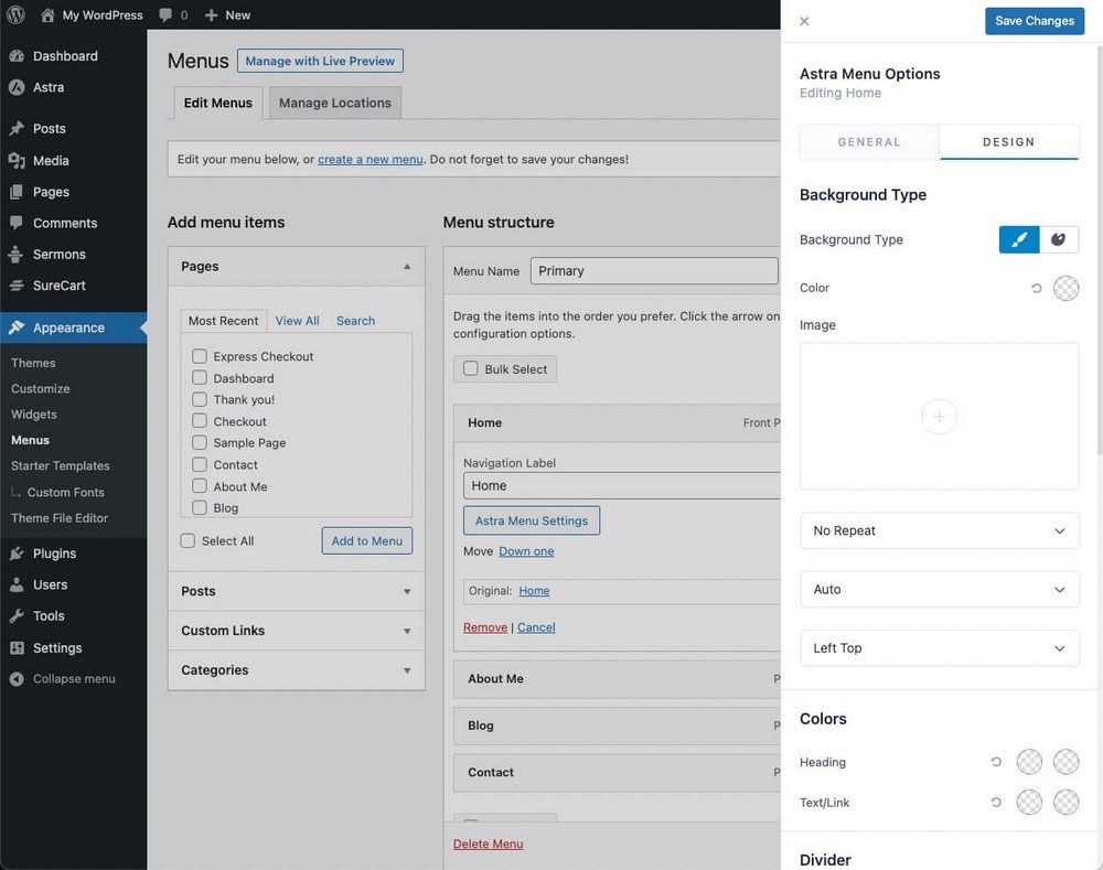 Novas configurações do mega menu Astra