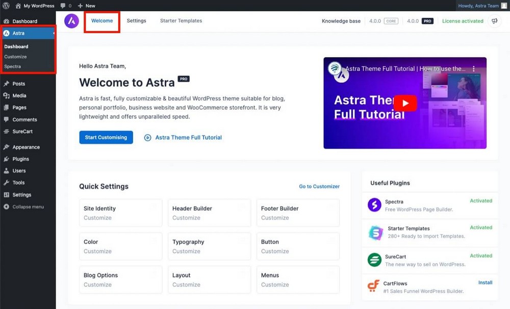 جديد Astra 4.0 Dashboard وعلامة تبويب ترحيب