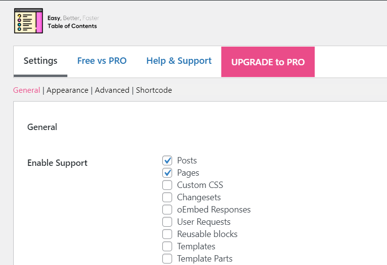 Die Plugin-Einstellungen für Easy Table of Contents