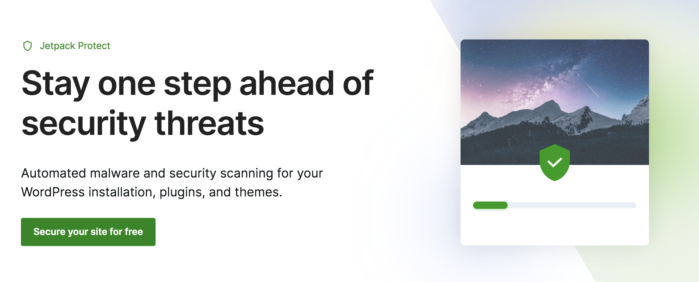 「セキュリティ脅威の一歩先を行く」というキャッチフレーズを使用した Jetpack Protect ホームページのデザイン