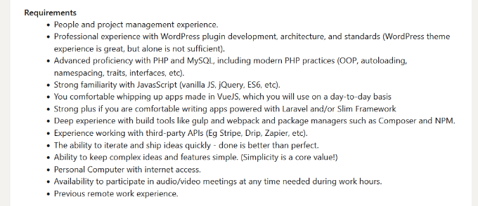 Requirements for WordPress developer role