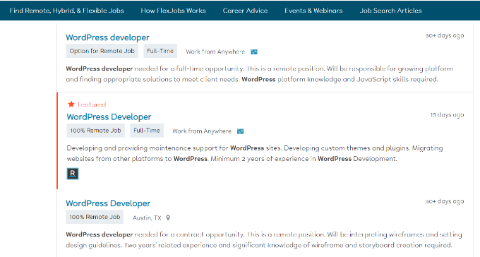 WordPress developer posts on FlexJobs