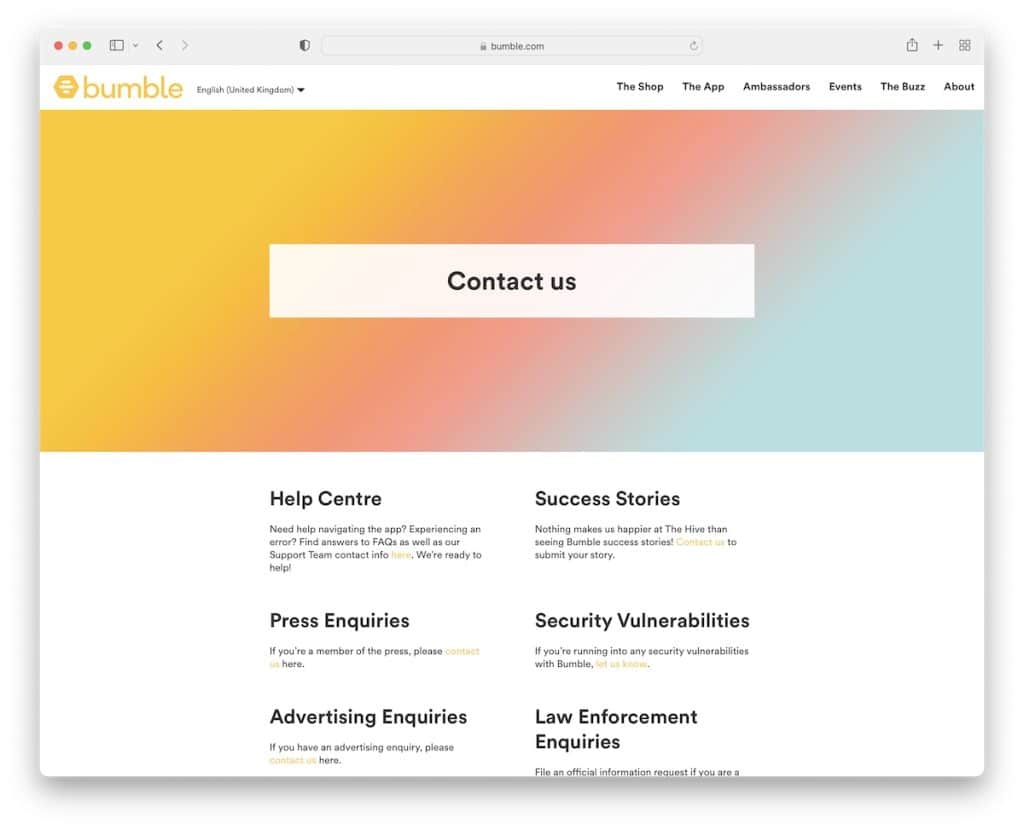 bumble contattaci esempio di pagina