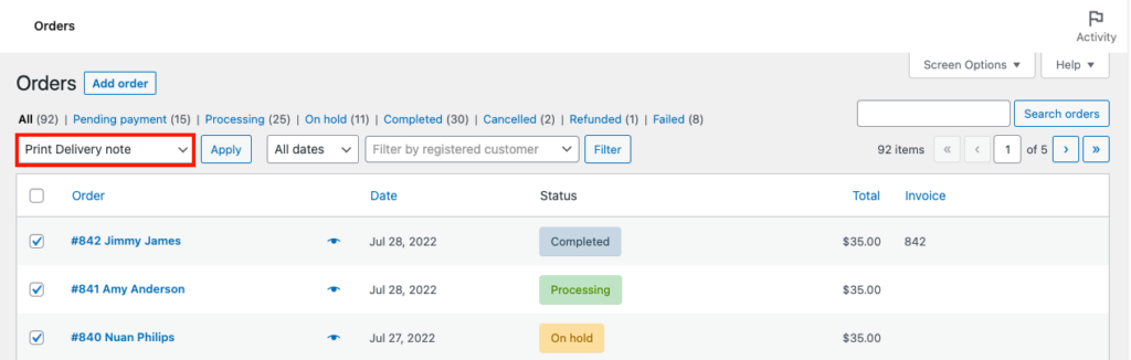 Impressão em massa de notas de entrega WooCommerce