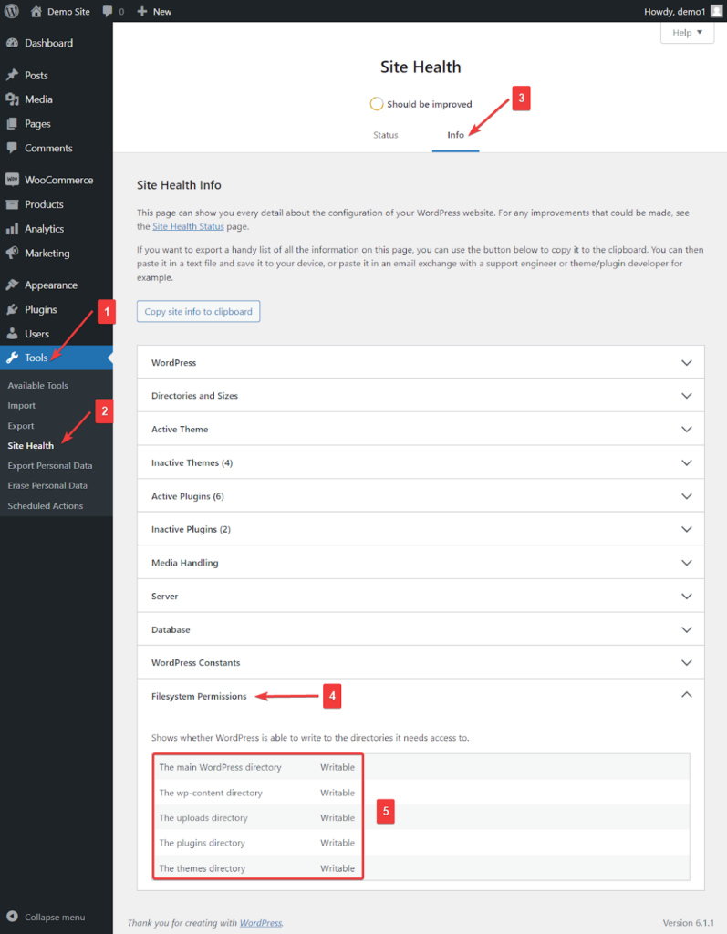 проверить права доступа к файлам и папкам через работоспособность сайта WordPress