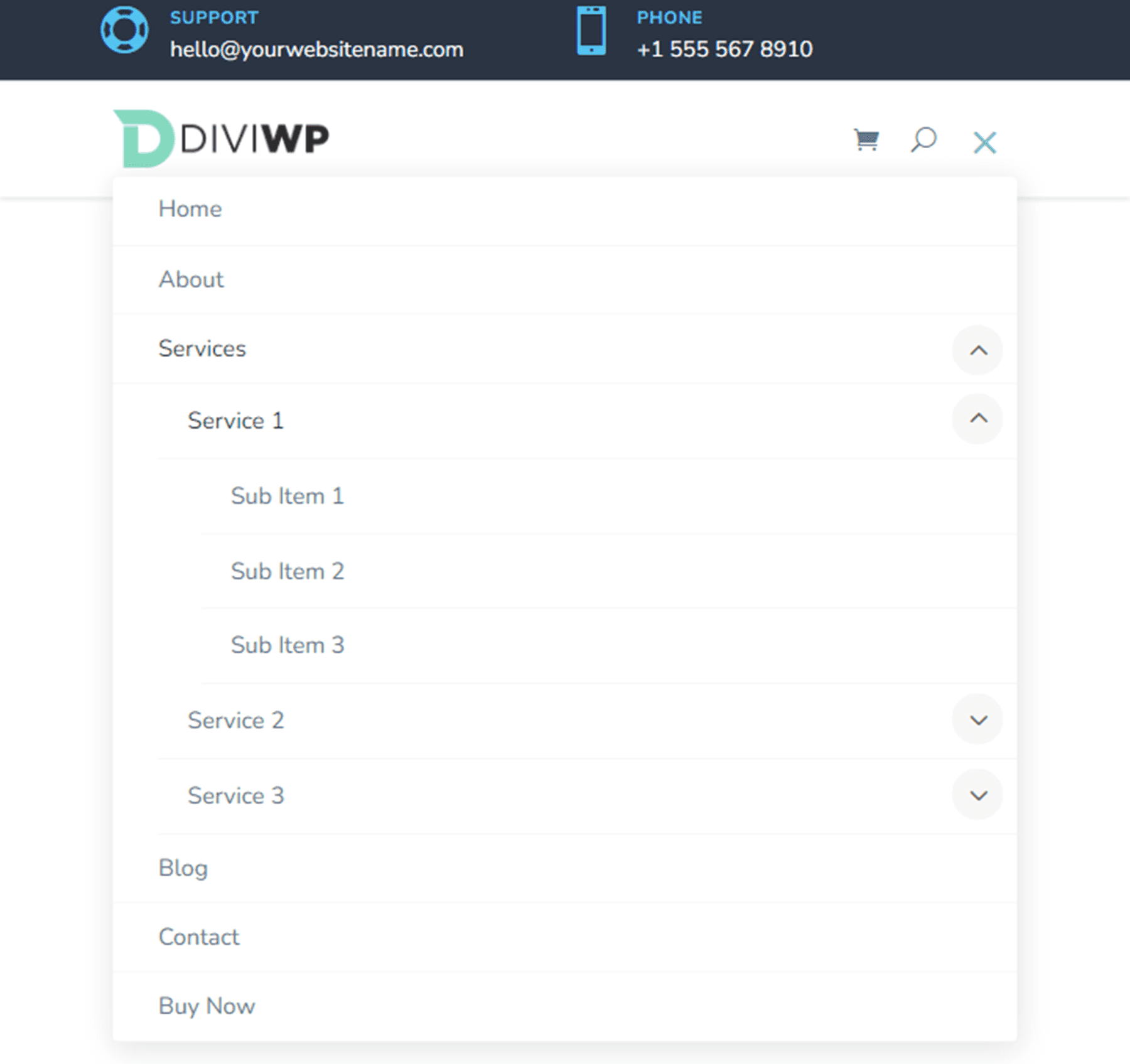 Divi 제품 하이라이트 DiviWP 헤더 섹션 팩 레이아웃 15 태블릿