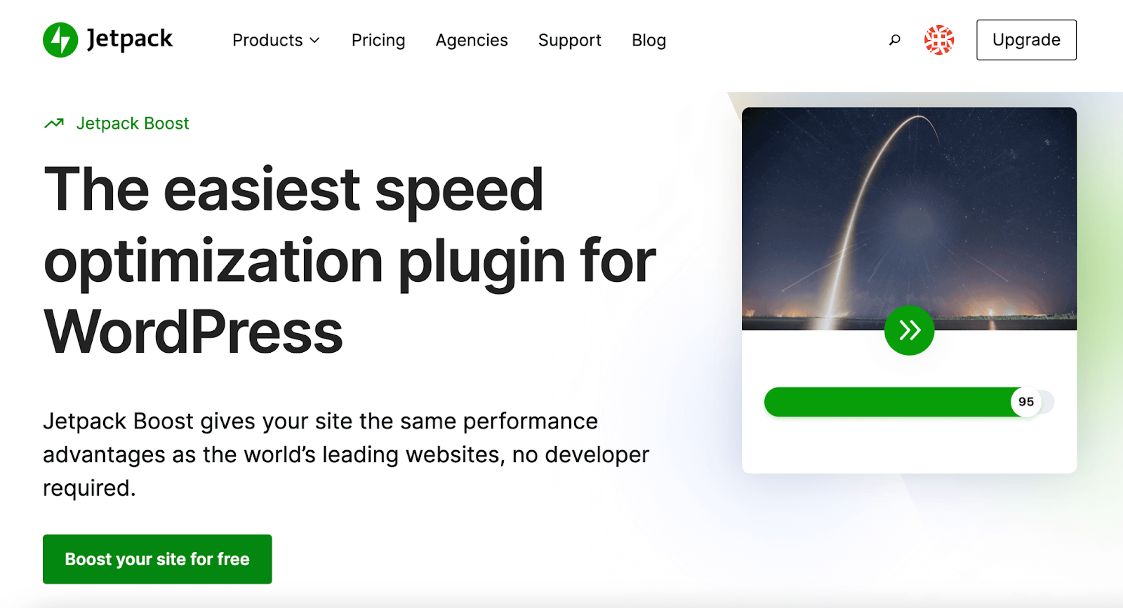 Beranda Jetpack Boost dengan teks, "plugin pengoptimalan kecepatan termudah untuk WordPress"