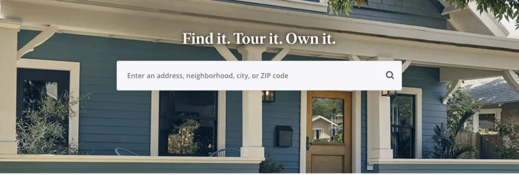 Page Zillow avec le titre en haut et la barre de recherche en dessous