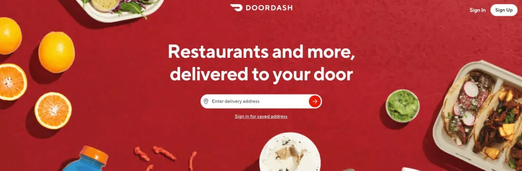 Door Dash Page avec menu/formulaire d'adresse du domicile juste en dessous du titre