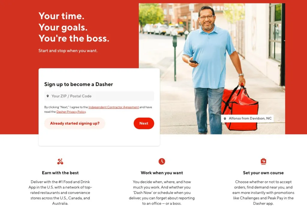 Page d'inscription du conducteur DoorDash avec titre, photo et instructions à suivre