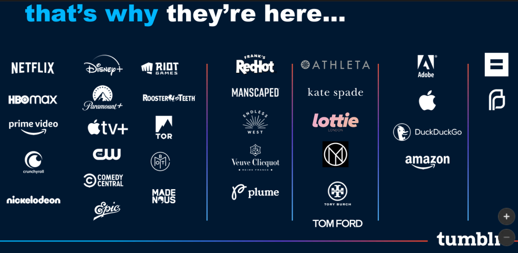 Logos de marques d'entreprise qui participent à Tumblr, comme Netflix, Kate Spade, Adobe, etc.