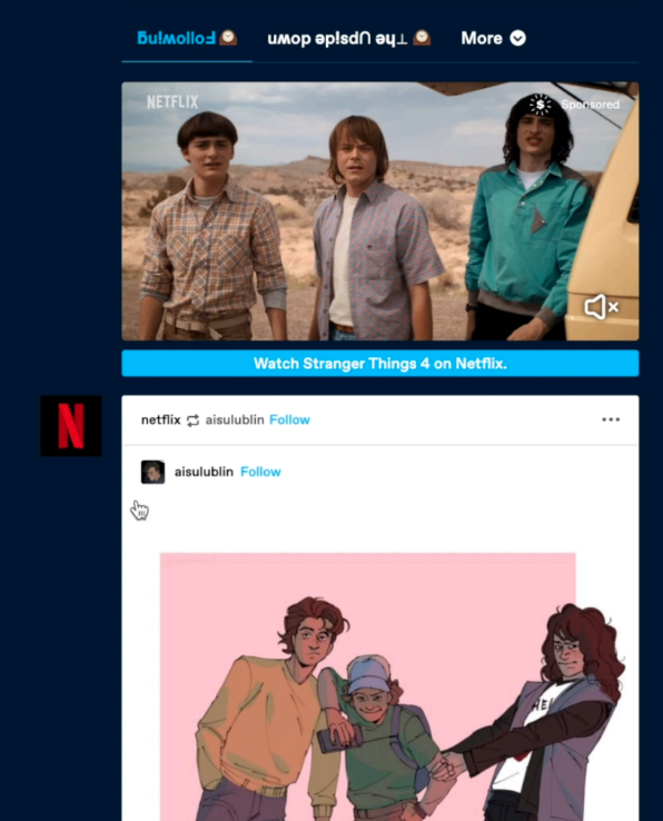 Un exemple de la page de tableau de bord Tumblr personnalisée "Upside Down" de Stranger Things