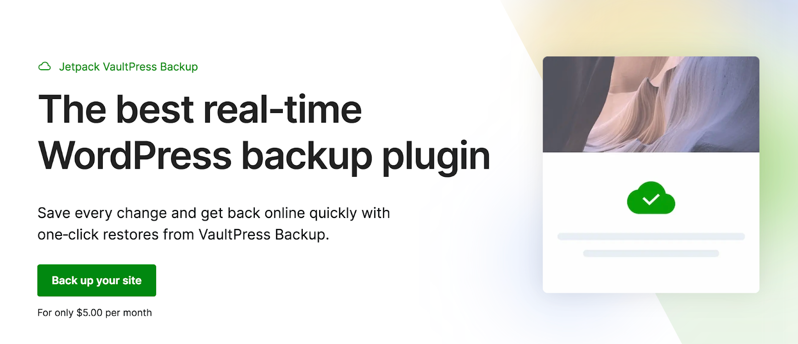 Home page di Jetpack VaultPress Backup con il testo "Il miglior plug-in di backup di WordPress in tempo reale".