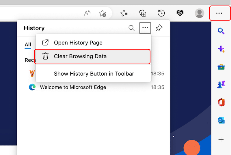 Microsoft Edge でキャッシュと Cookie をクリアする - ステップ 1 - 出典: Microsoft Edge