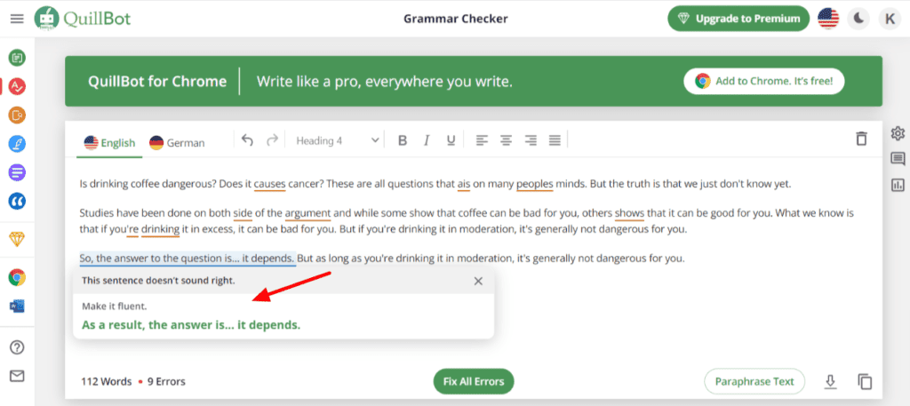 Vérificateur de grammaire Quillbot