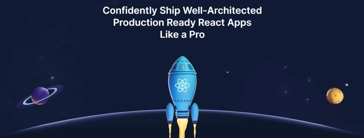 Montrant une écriture courte sur le dessus et une fusée avec le logo React au milieu avec des planètes des deux côtés